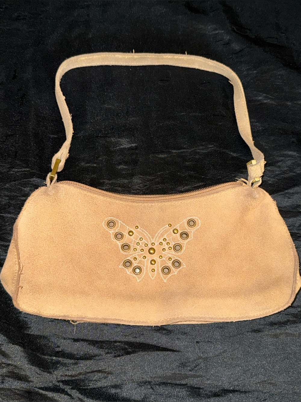 Y2K Tan Suede Leather Butterfly Studded Small Baguette Shoulder Bag Purse